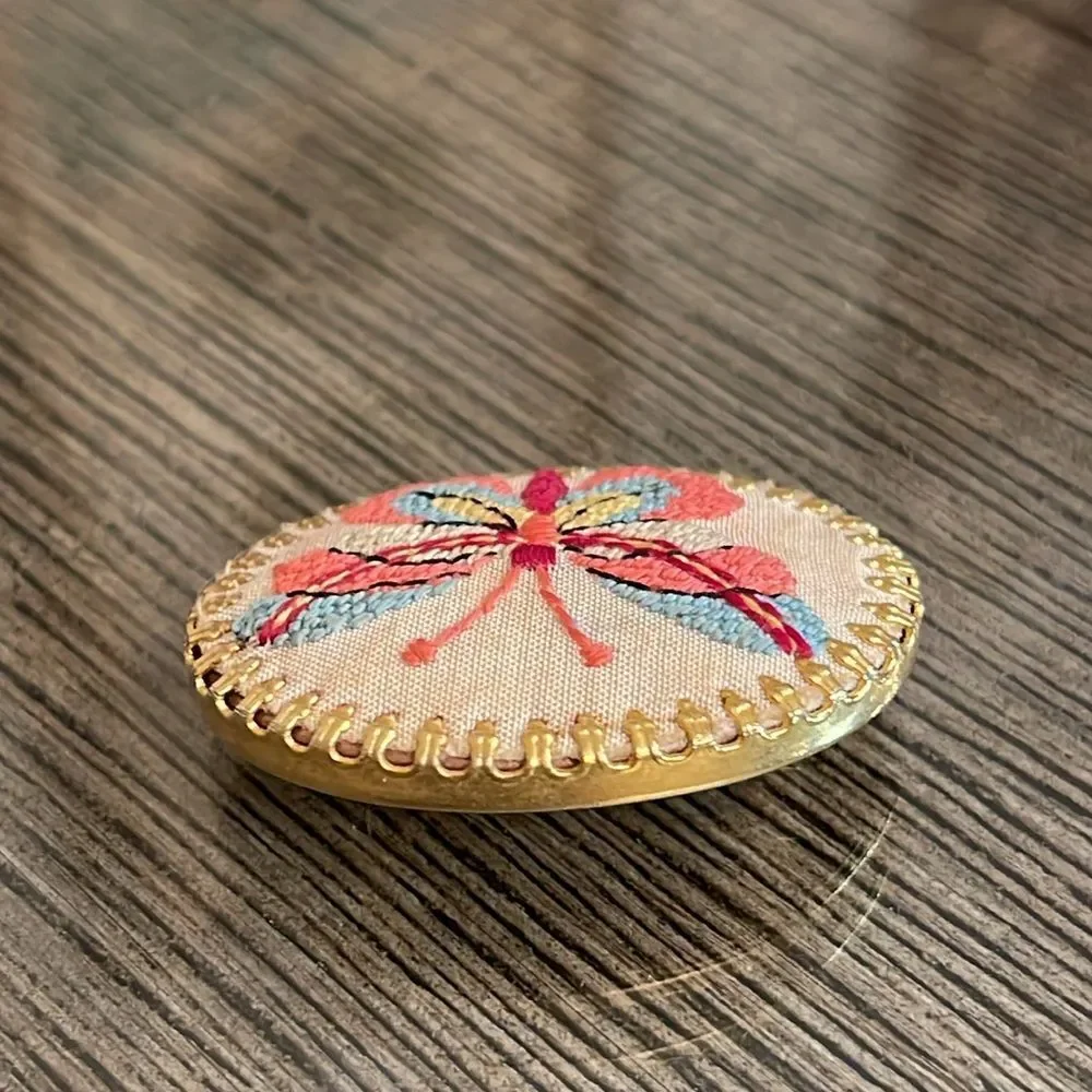 Vintage Embroidered Needlepoint Butterfly Petit Point Brooch Pin
